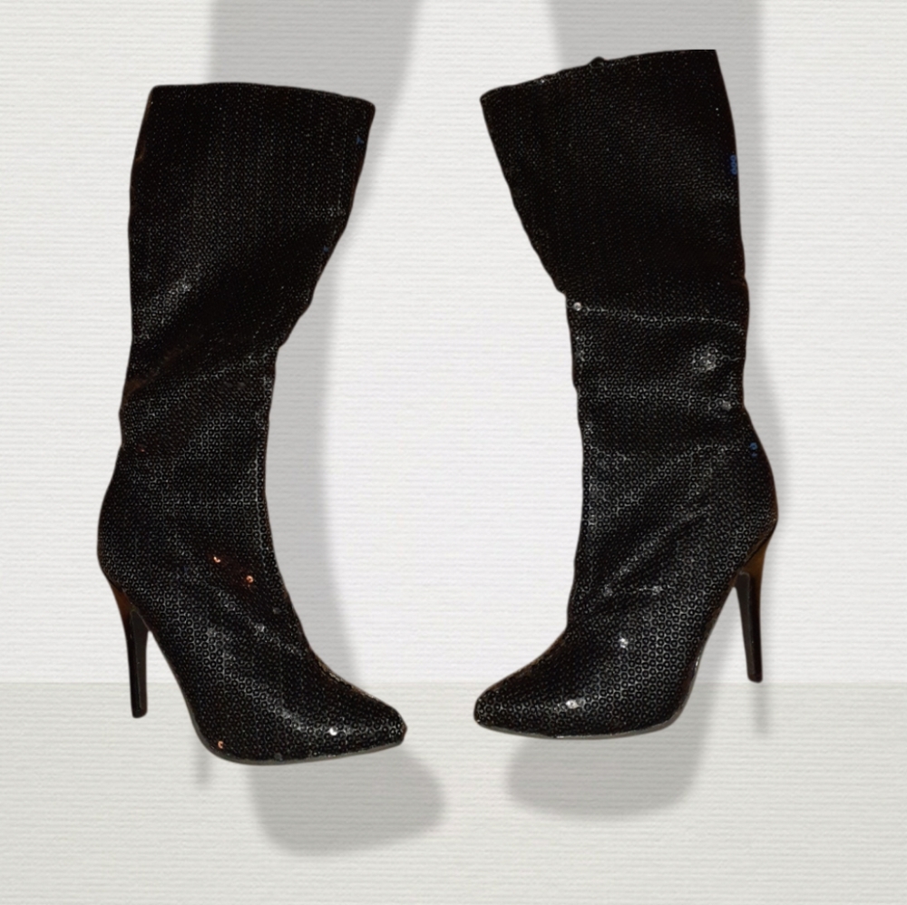 Ellie Sequined Stiletto High Heel Pointed Toe Boots Size 9 New Year’s Eve